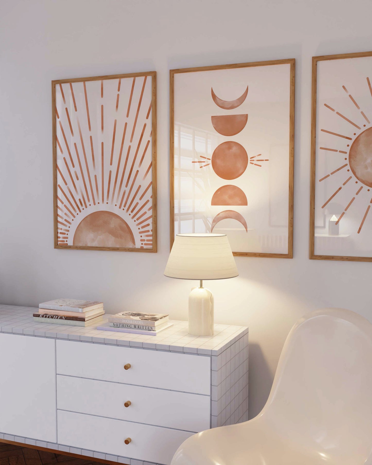 Set of 3 Boho Sun and Moon Crescent Burnt Orange Wall Art
