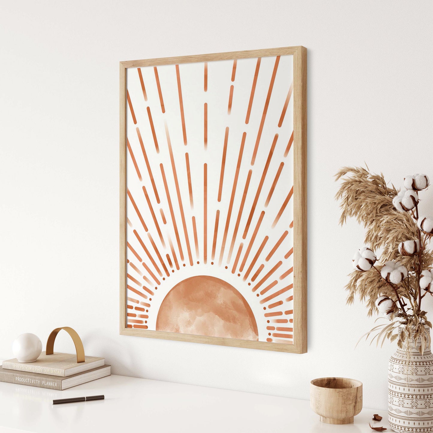 Set of 3 Boho Sun and Moon Crescent Burnt Orange Wall Art