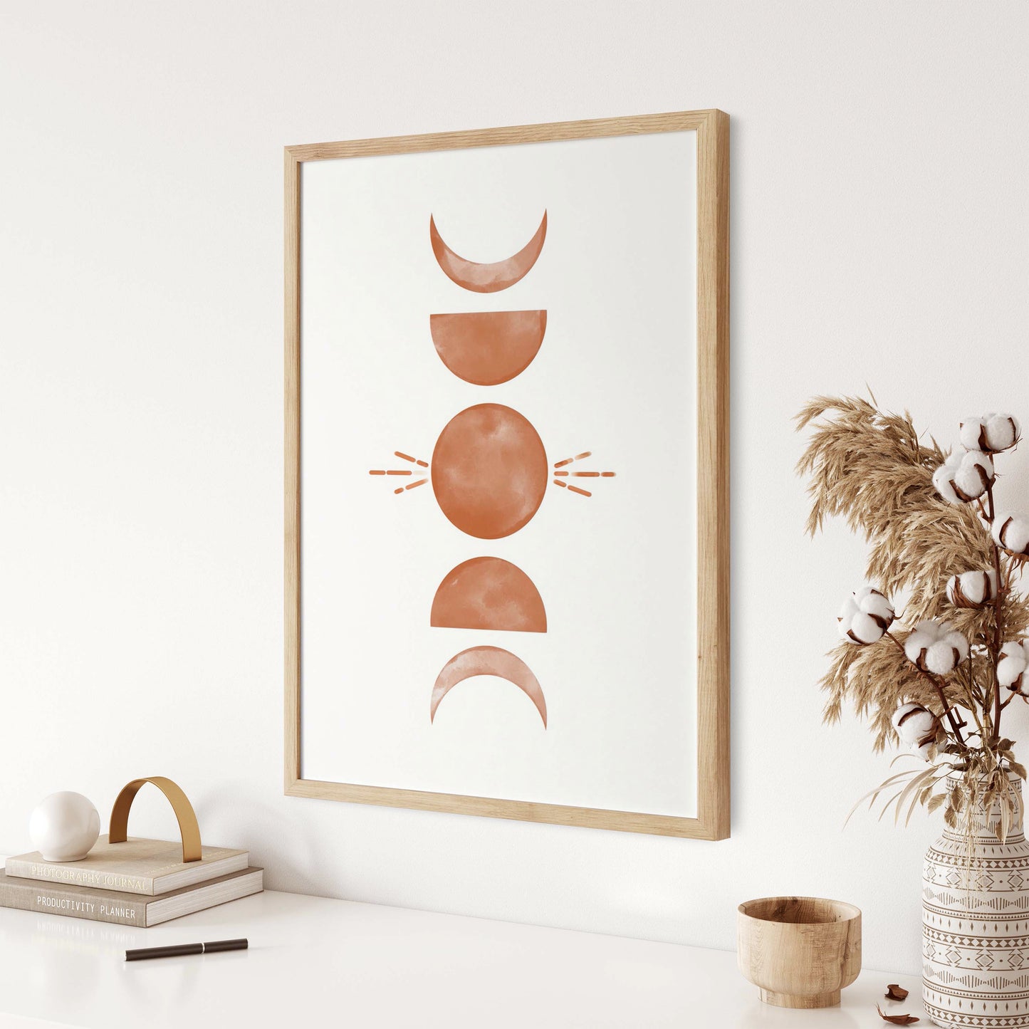 Set of 3 Boho Sun and Moon Crescent Burnt Orange Wall Art