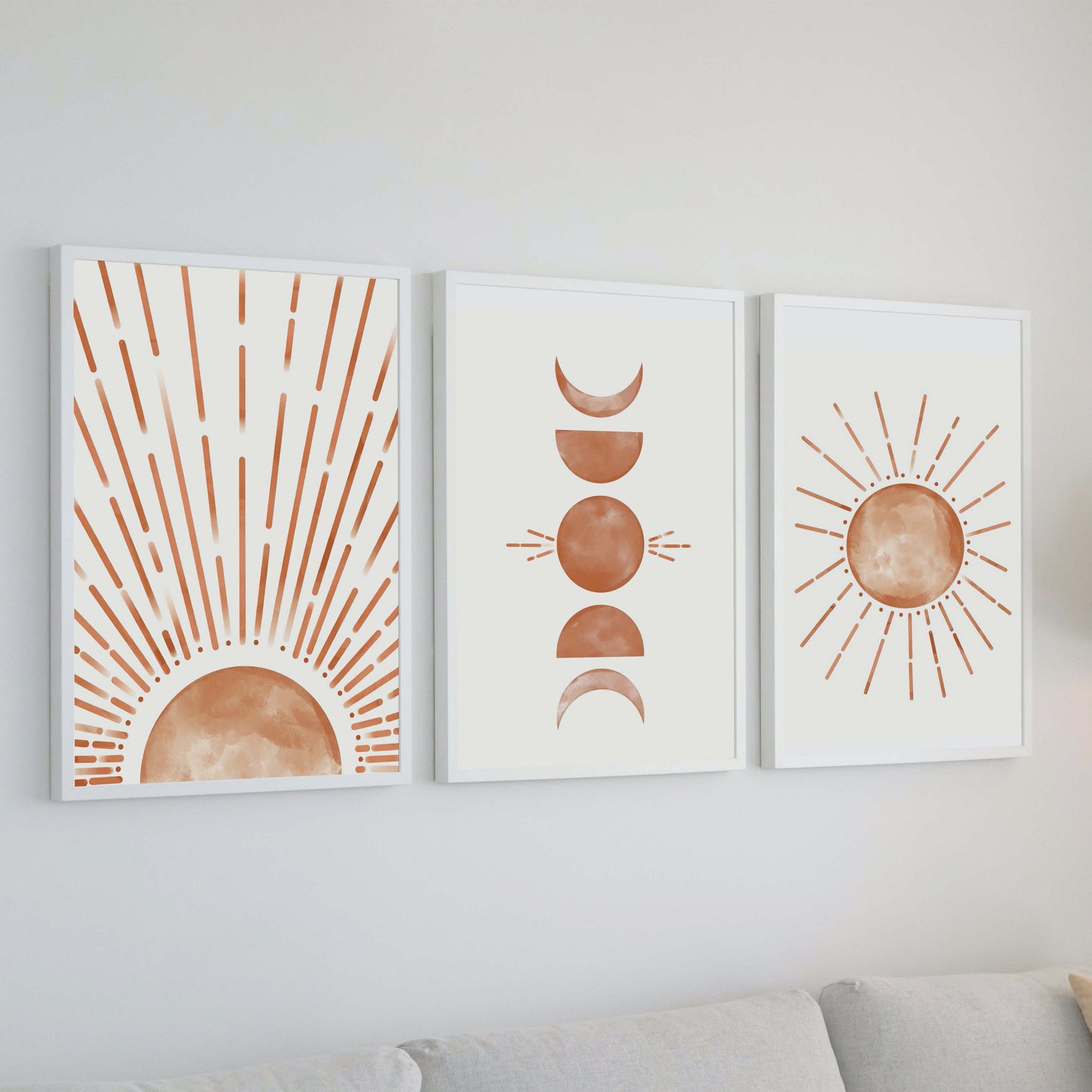 Set of 3 Boho Sun and Moon Crescent Burnt Orange Wall Art