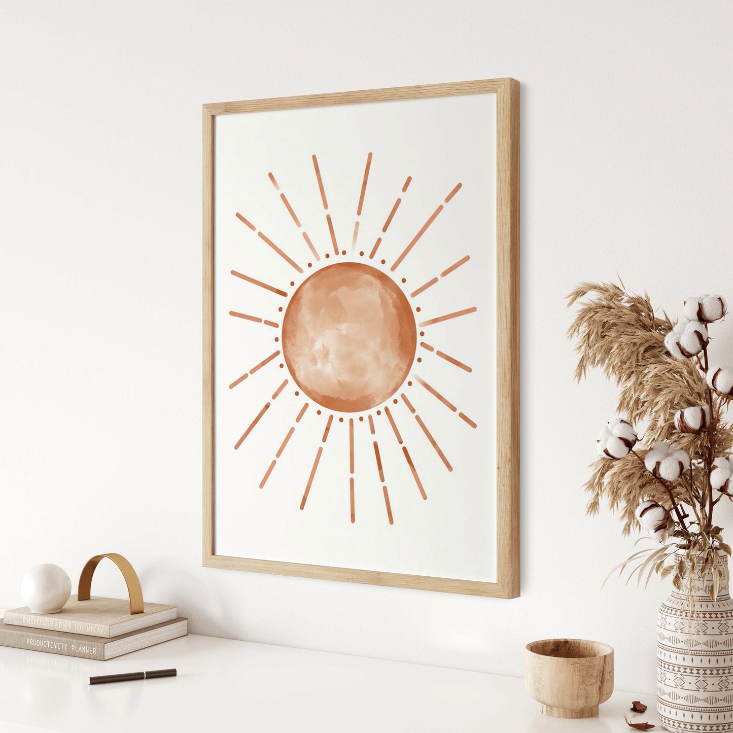 Set of 3 Boho Sun and Moon Crescent Burnt Orange Wall Art
