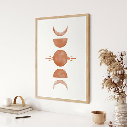 Set of 3 Boho Sun and Moon Crescent Burnt Orange Wall Art