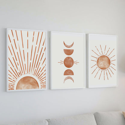 Set of 3 Boho Sun and Moon Crescent Burnt Orange Wall Art