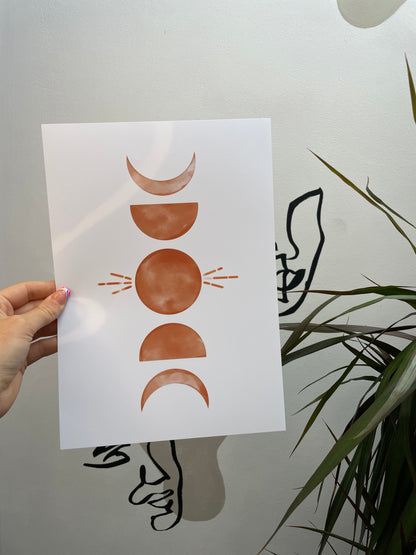 Set of 3 Boho Sun and Moon Crescent Burnt Orange Wall Art