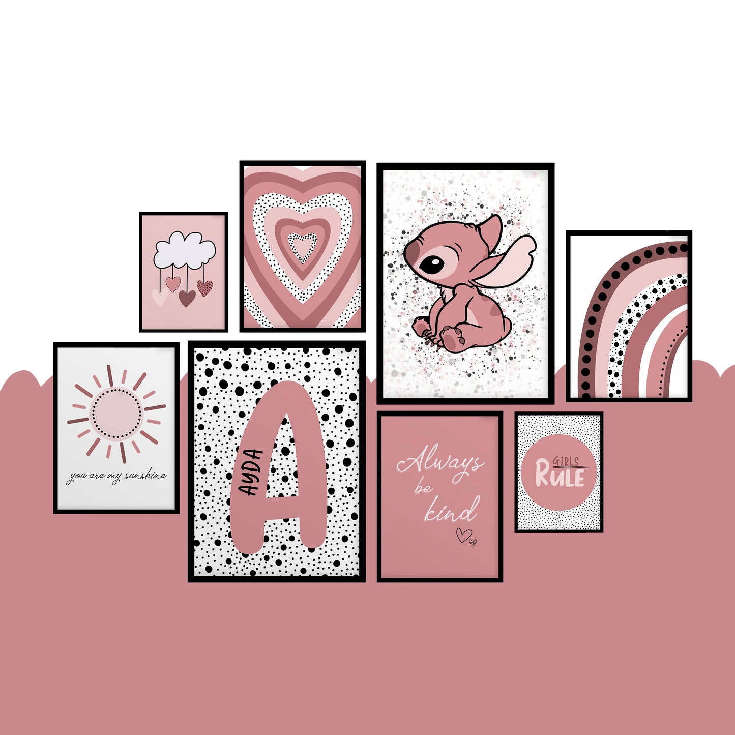 SET OF 8 Girl's Nursery Pink Gallery Wall Art