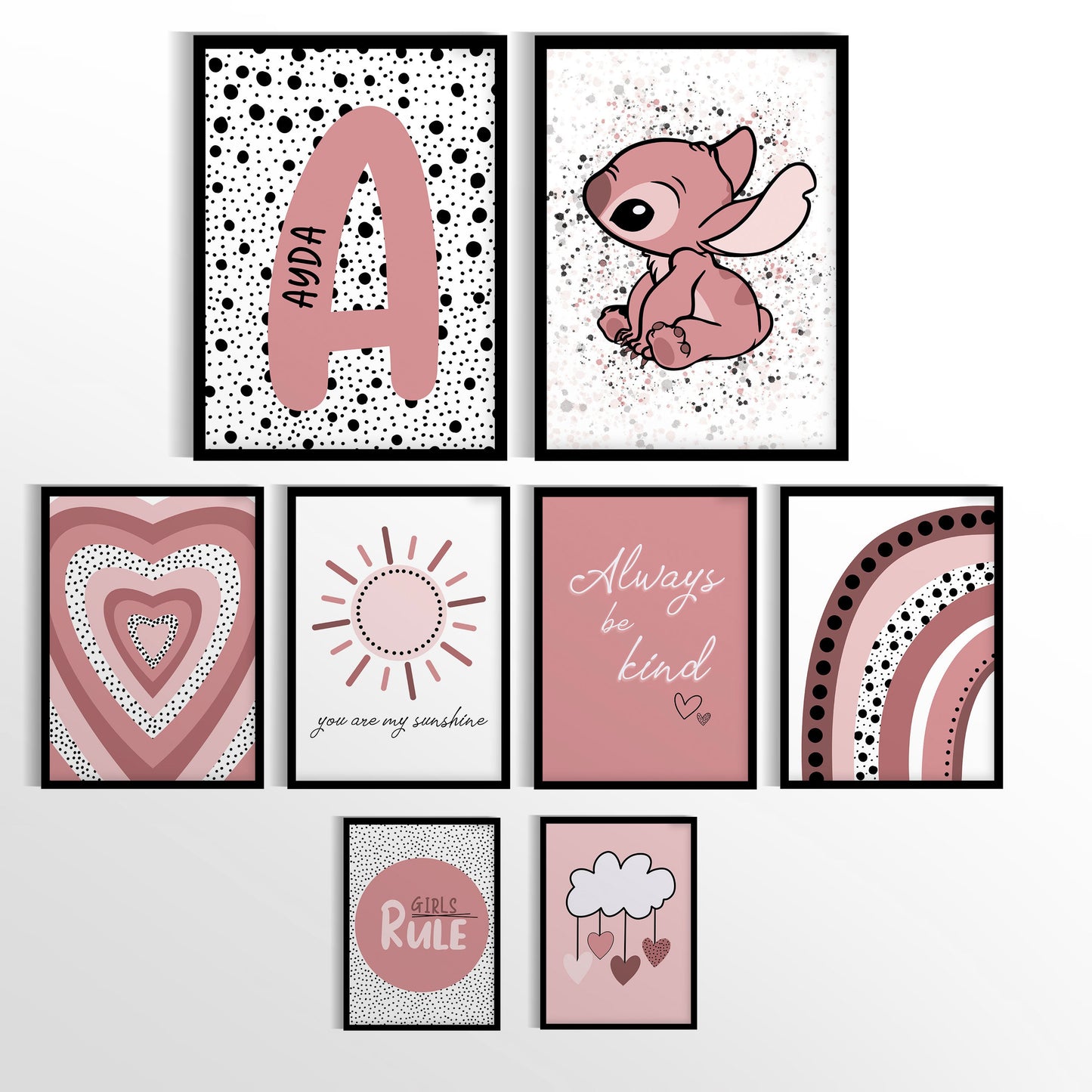 SET OF 8 Girl's Nursery Pink Gallery Wall Art